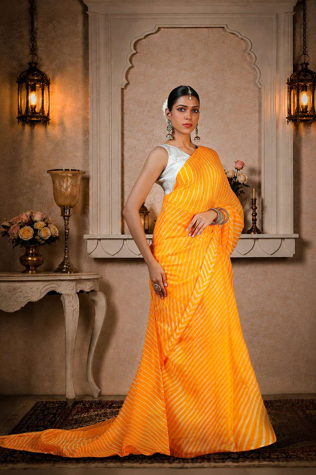 Pure Chinon fabric Lehariya Saree, Mothra Design, Double Lehariya, Color-Orange