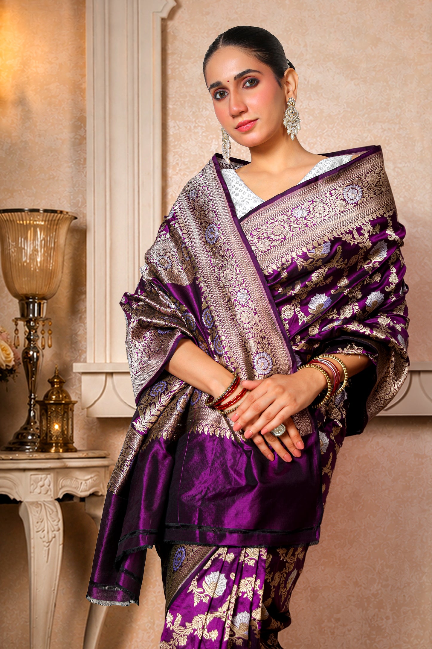 Pure Silk Banarasi Saree – Violet with Gold & Silver Booti