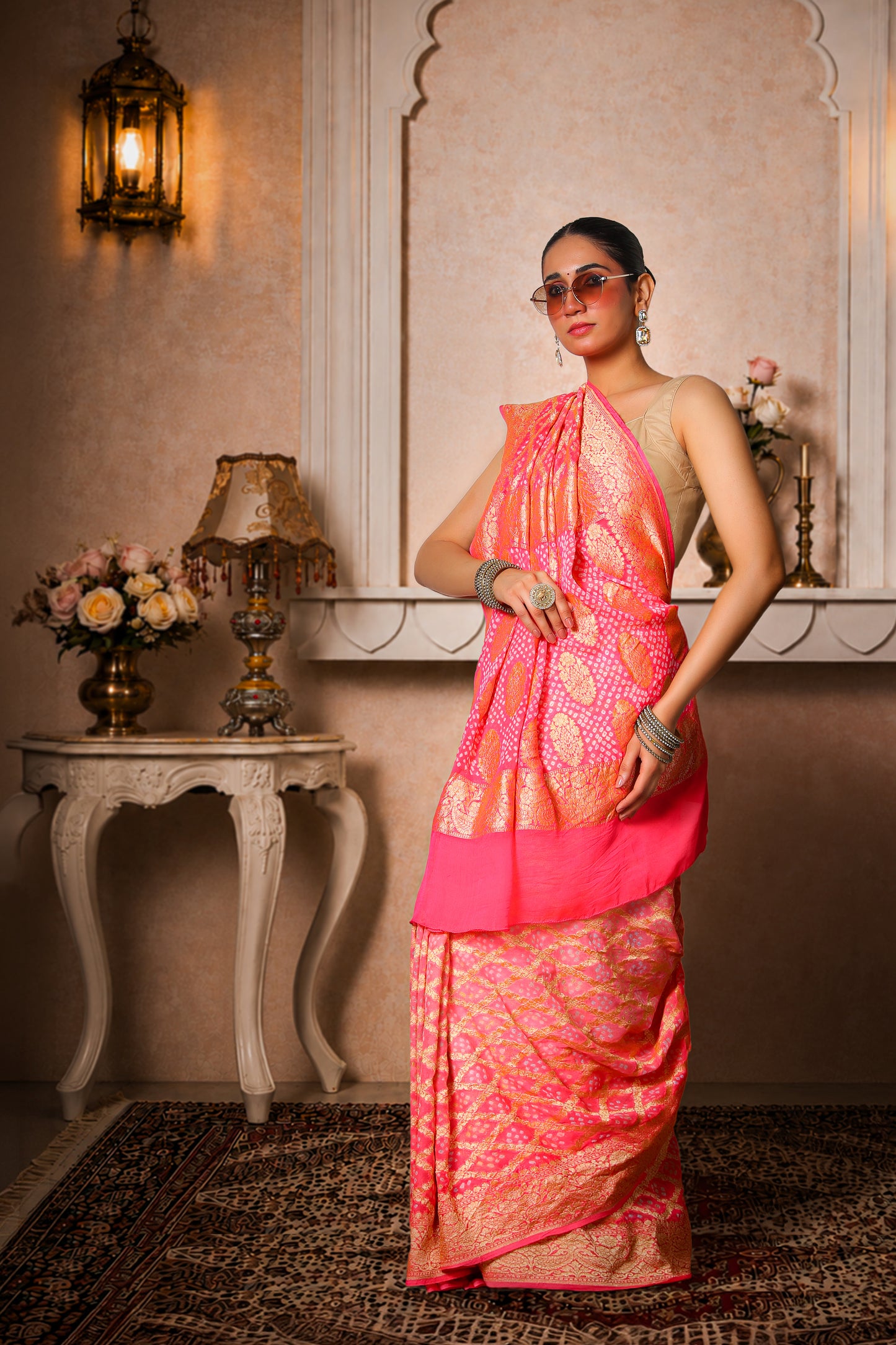 Pure Khaddi Georgette Rai Bandhani Saree – Royal Pink Ombre