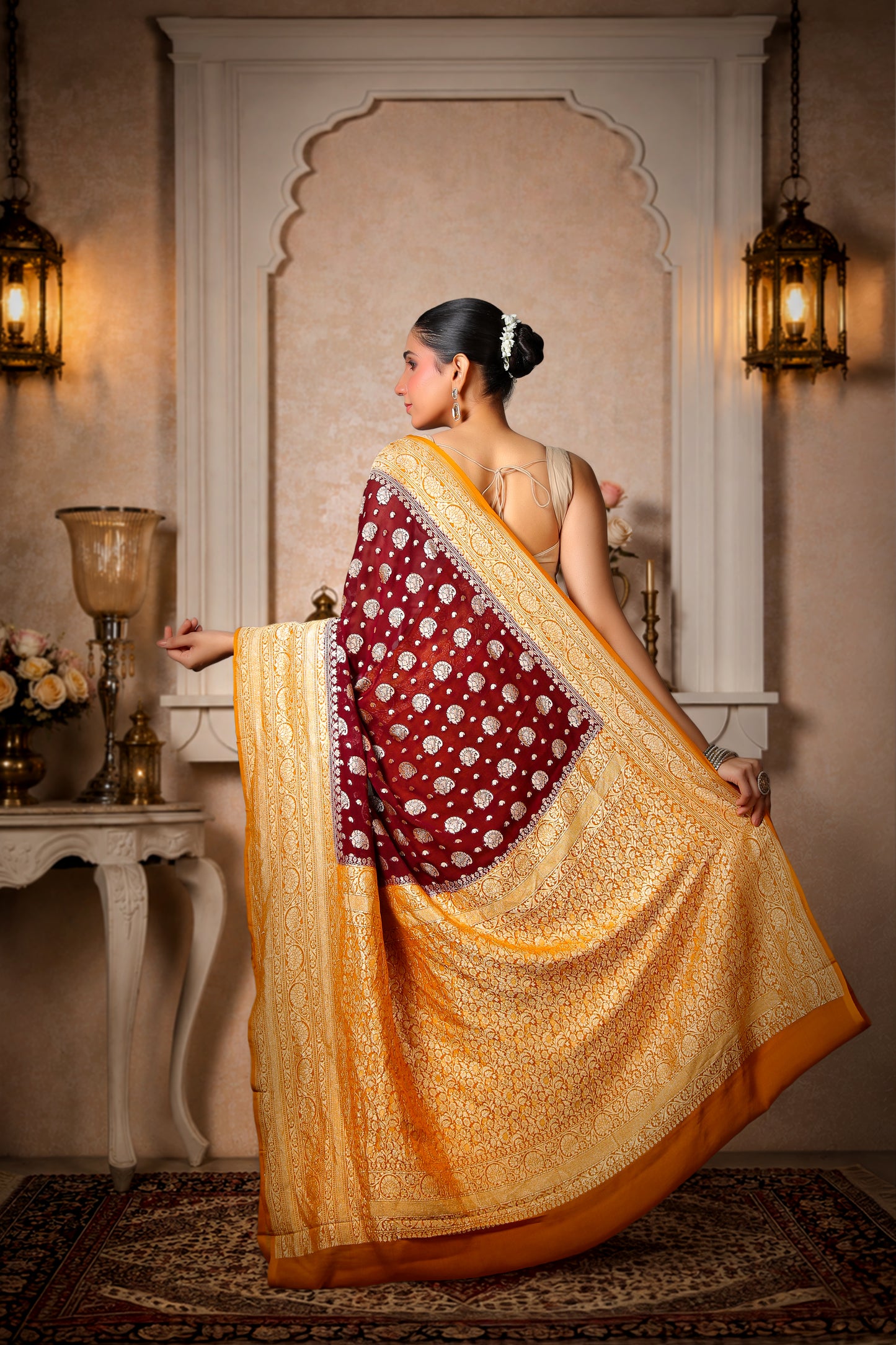 Khaddi Silk Georgette Golden Zari Banarasi Saree – Coffee & Mustard Border