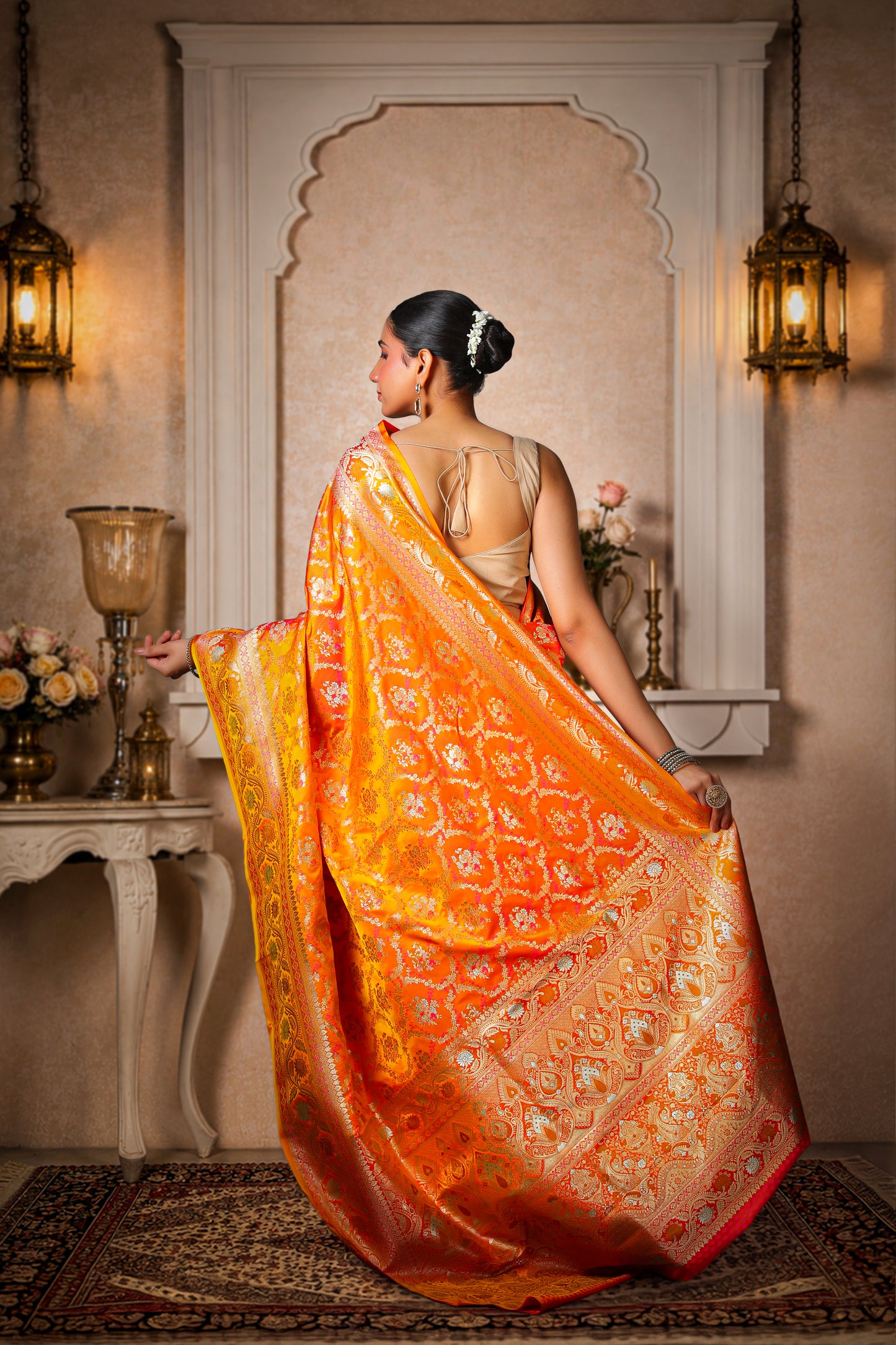Pure Silk King Khaab Banarasi Saree – Orange Yellow with Gold Border