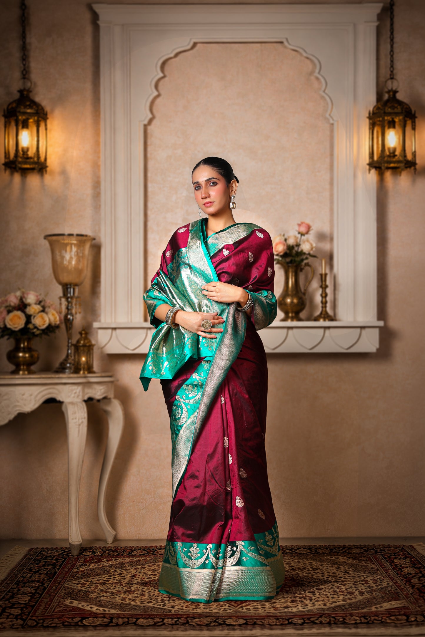 100% Pure Silk Banarasi Saree – Coffee with Teal Green Border