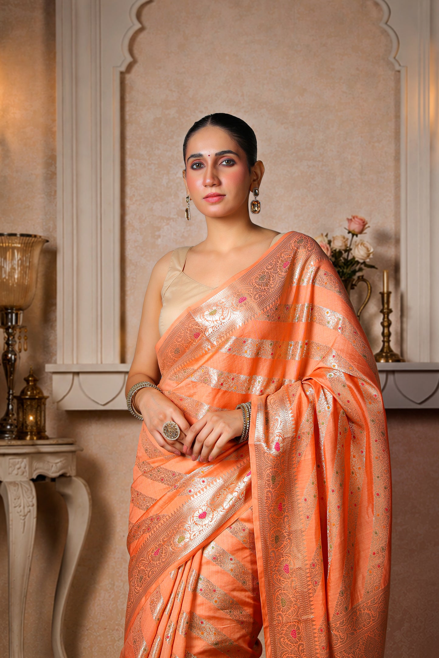 Pure Dupion Silk Banarasi Saree – Peach Gold Border & Stripes