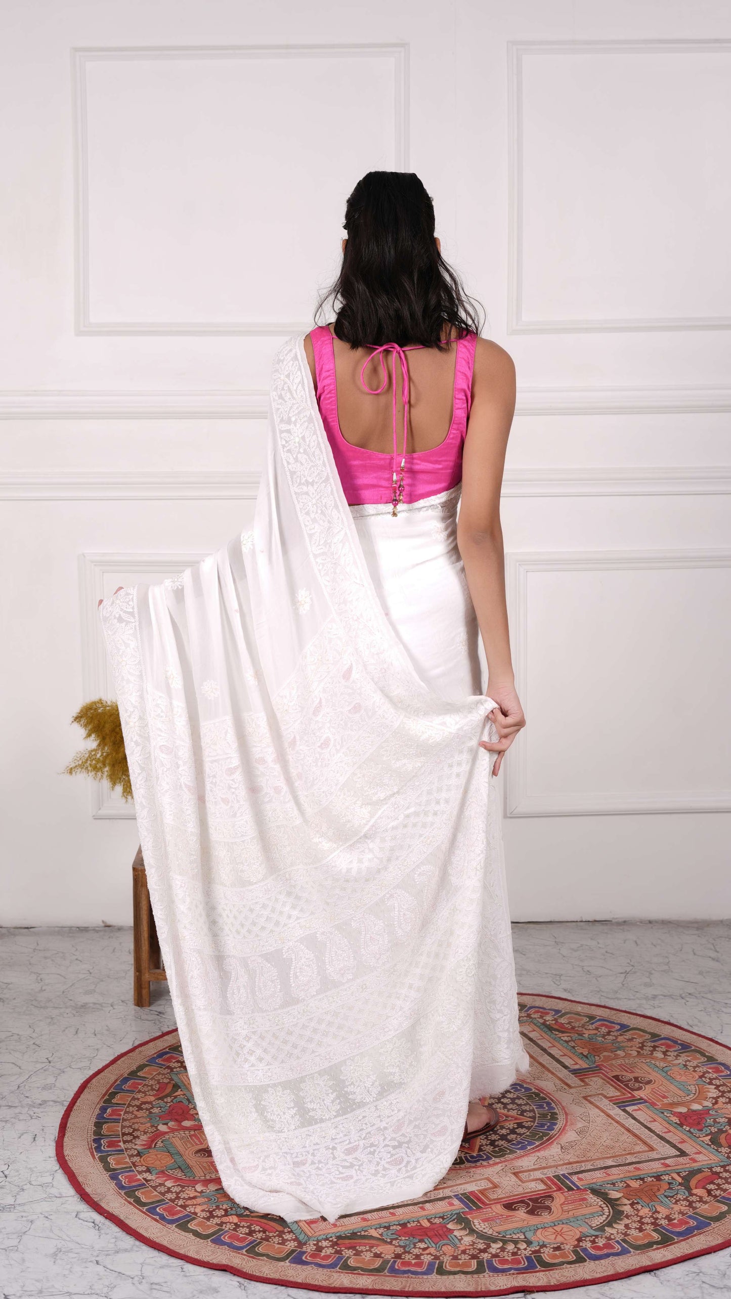 White Chikankari Saree with heavy beads & sequins work on aanchal, Georgette