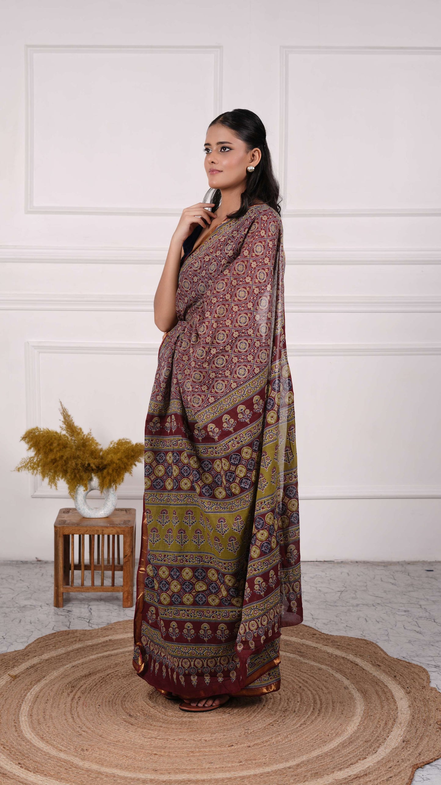 Maroon color Ajrakh Saree, 100% Cotton