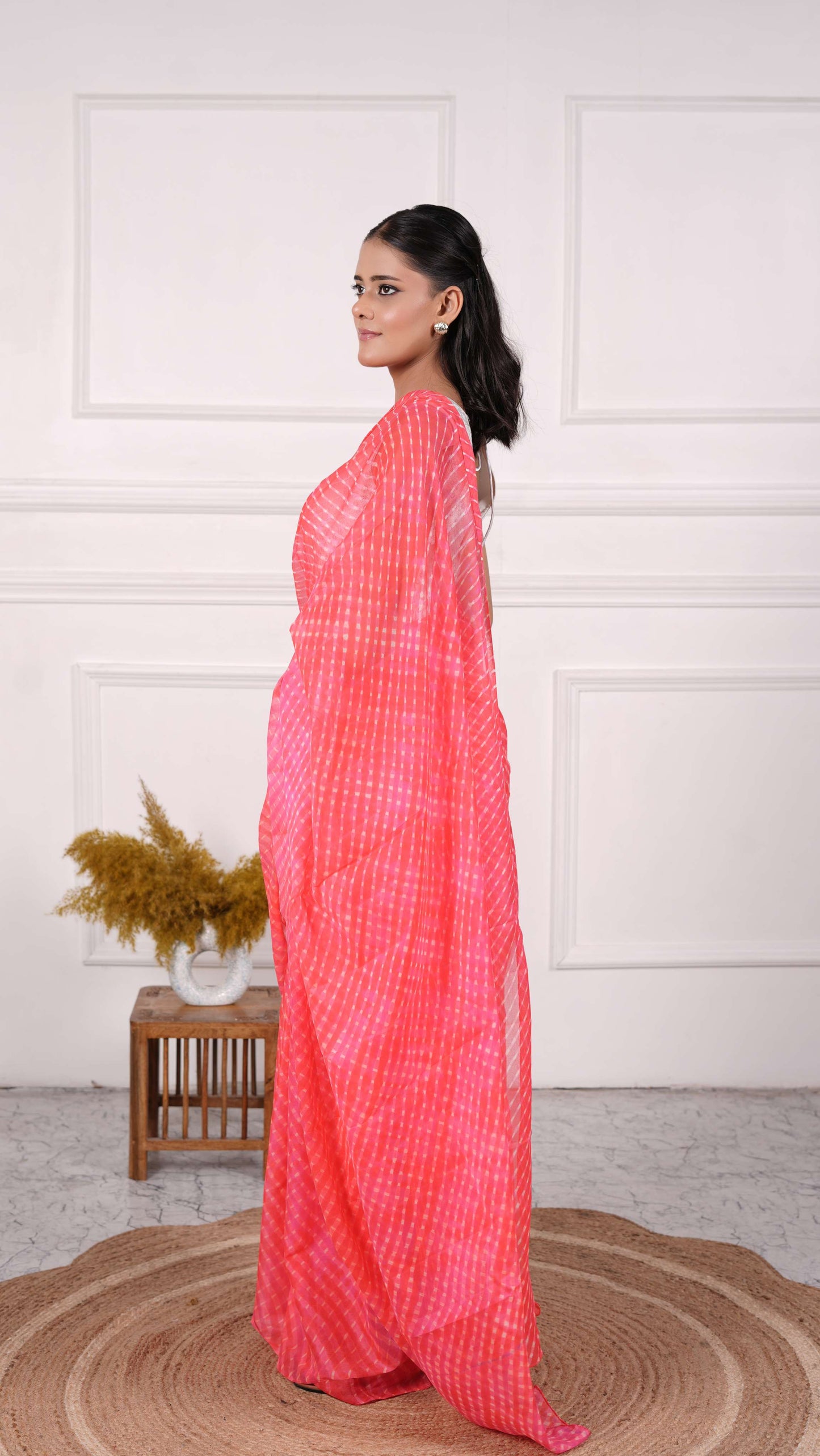 Pure Chinon fabric Lehariya Saree, Mothra Design, Double Lehariya, Color-Coral Red