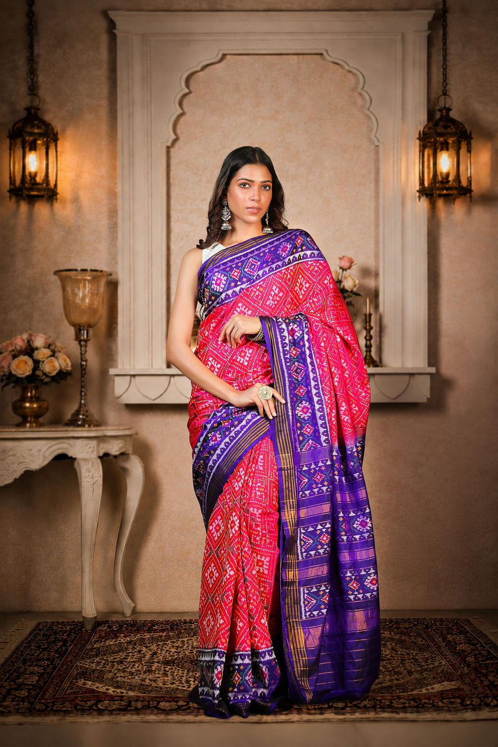 chanda baad Patola Saree, Mulberry Silk, Color-Pink &amp; Blue Aanchal