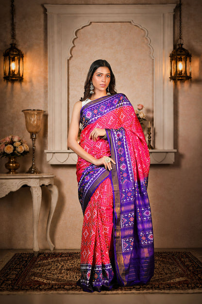chanda baad Patola Saree, Mulberry Silk, Color-Pink &amp; Blue Aanchal