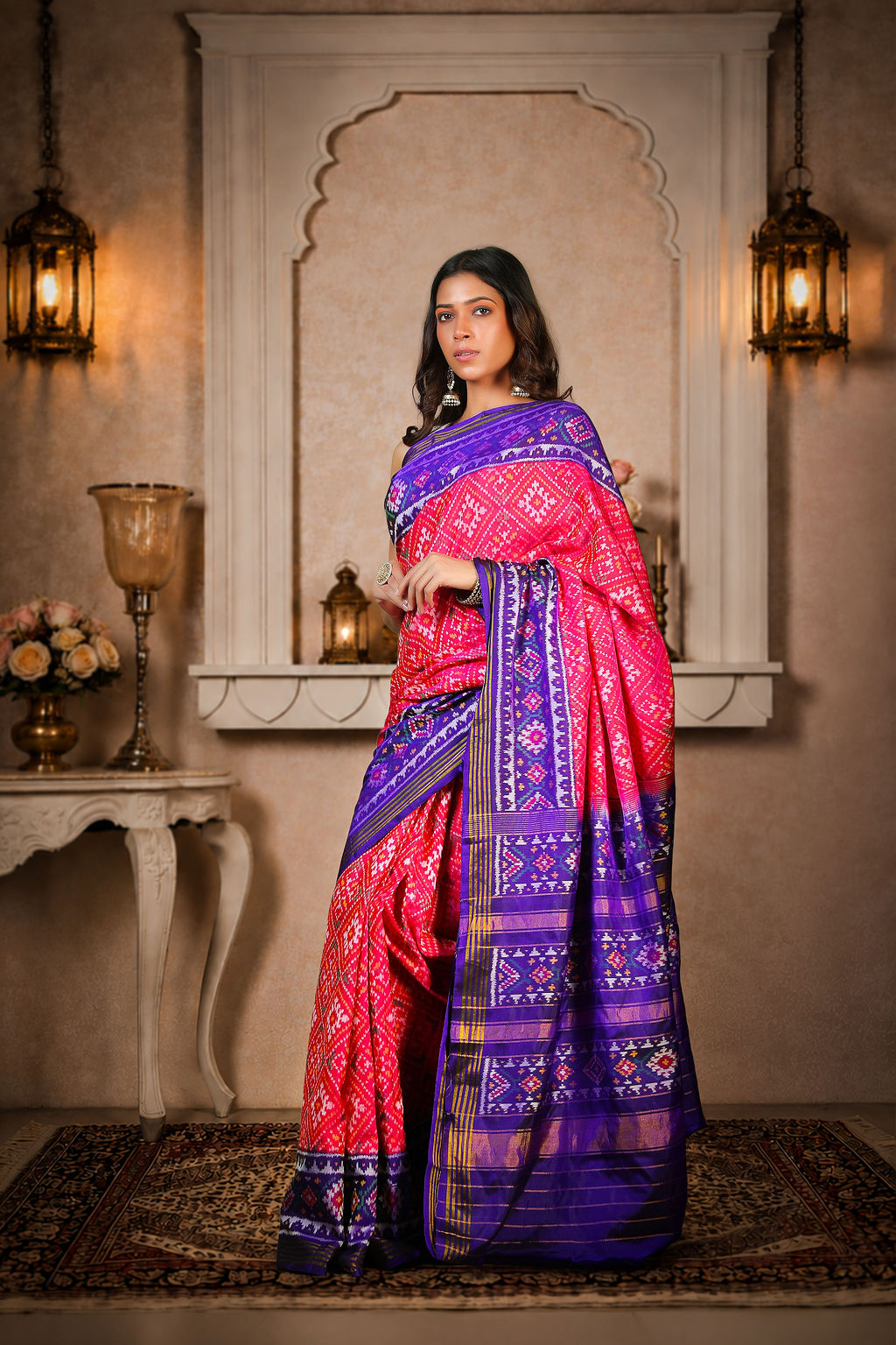chanda baad Patola Saree, Mulberry Silk, Color-Pink &amp; Blue Aanchal