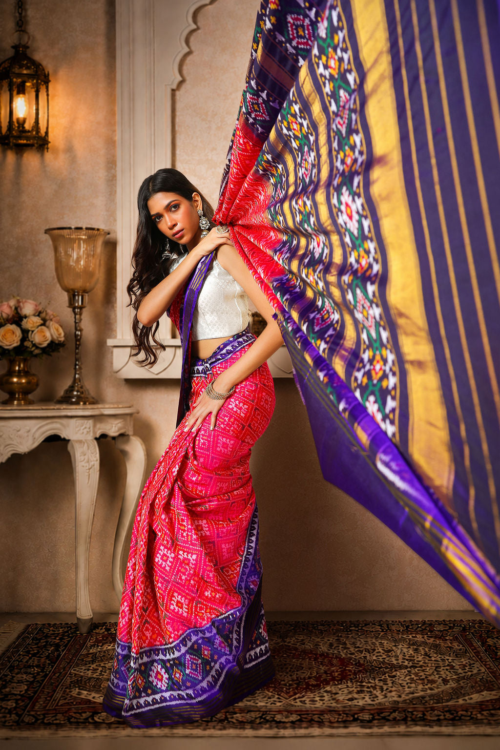 chanda baad Patola Saree, Mulberry Silk, Color-Pink &amp; Blue Aanchal