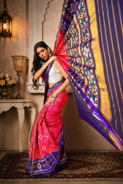 chanda baad Patola Saree, Mulberry Silk, Color-Pink &amp; Blue Aanchal