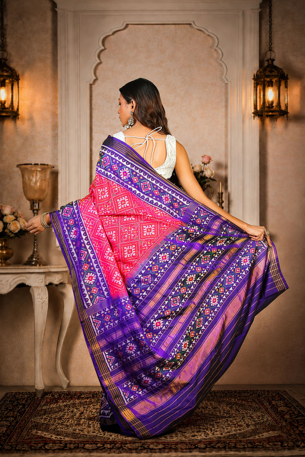 chanda baad Patola Saree, Mulberry Silk, Color-Pink &amp; Blue Aanchal