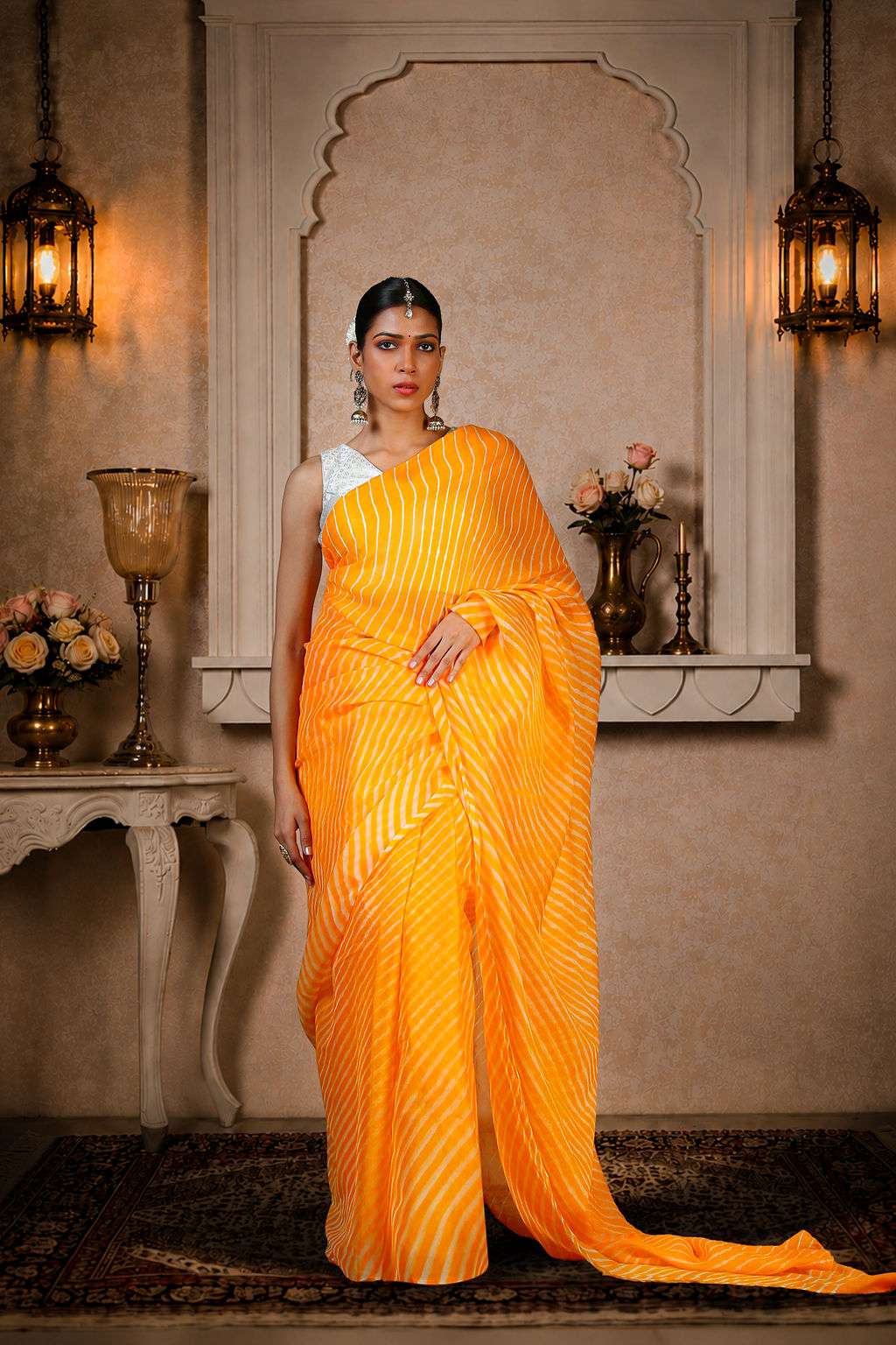 Pure Chinon fabric Lehariya Saree, Mothra Design, Double Lehariya, Color-Orange