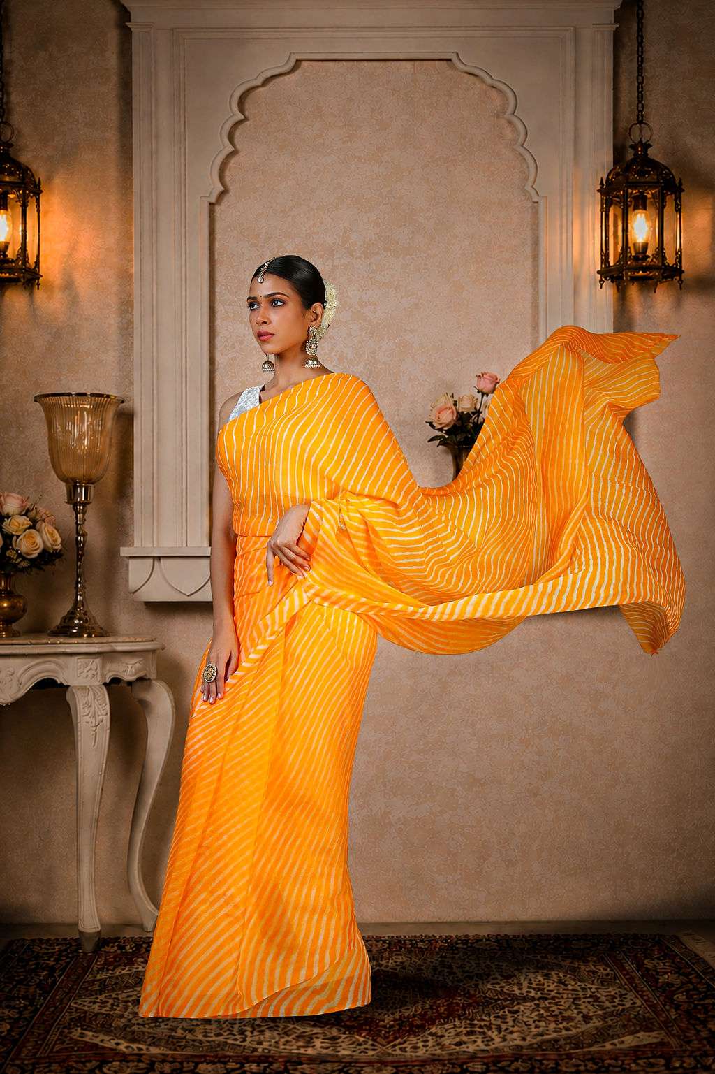 Pure Chinon fabric Lehariya Saree, Mothra Design, Double Lehariya, Color-Orange