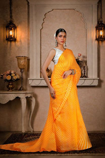 Pure Chinon fabric Lehariya Saree, Mothra Design, Double Lehariya, Color-Orange