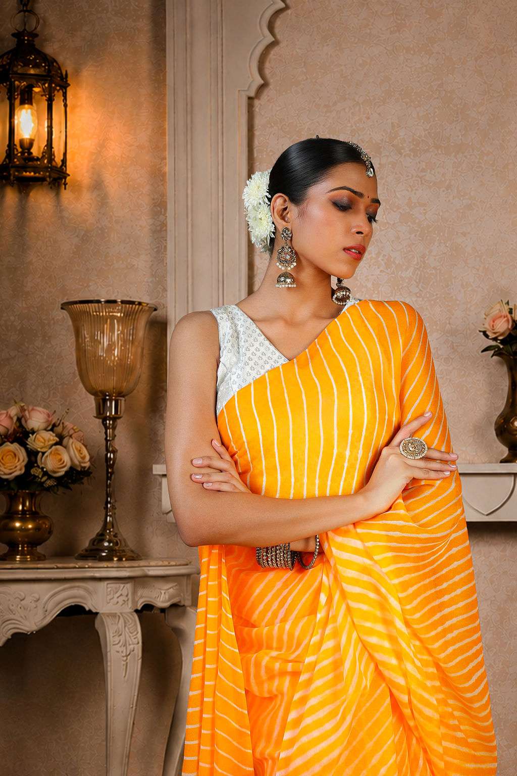 Pure Chinon fabric Lehariya Saree, Mothra Design, Double Lehariya, Color-Orange