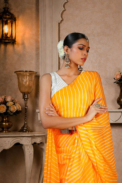 Pure Chinon fabric Lehariya Saree, Mothra Design, Double Lehariya, Color-Orange