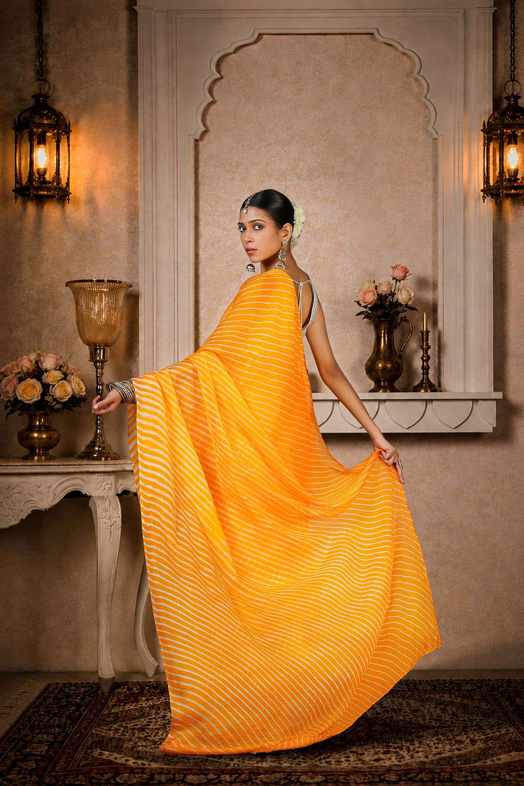Pure Chinon fabric Lehariya Saree, Mothra Design, Double Lehariya, Color-Orange