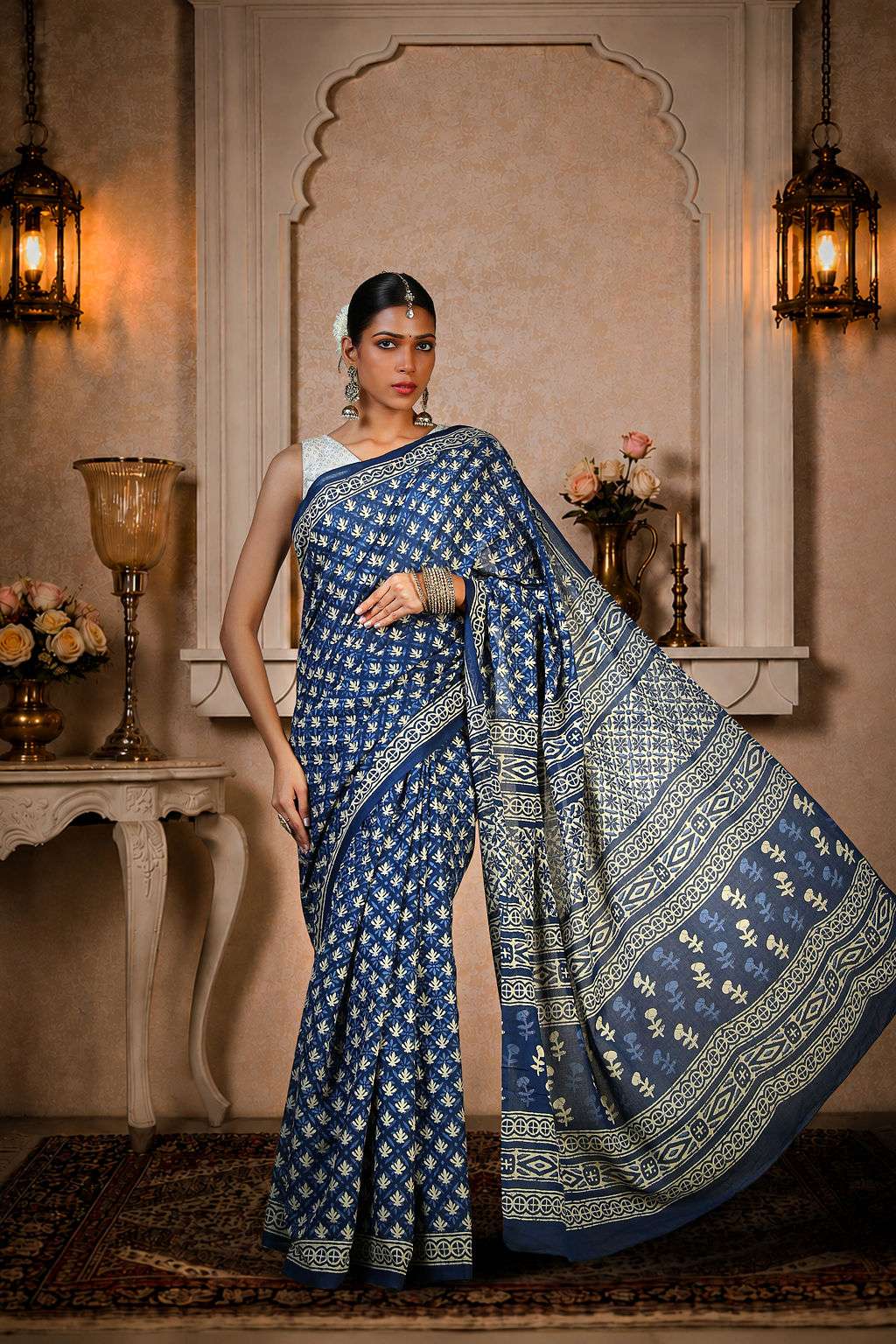 Navy Blue Ajrakh Saree, 100% Cotton