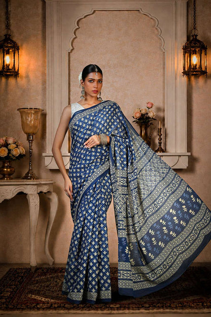 Navy Blue Ajrakh Saree, 100% Cotton