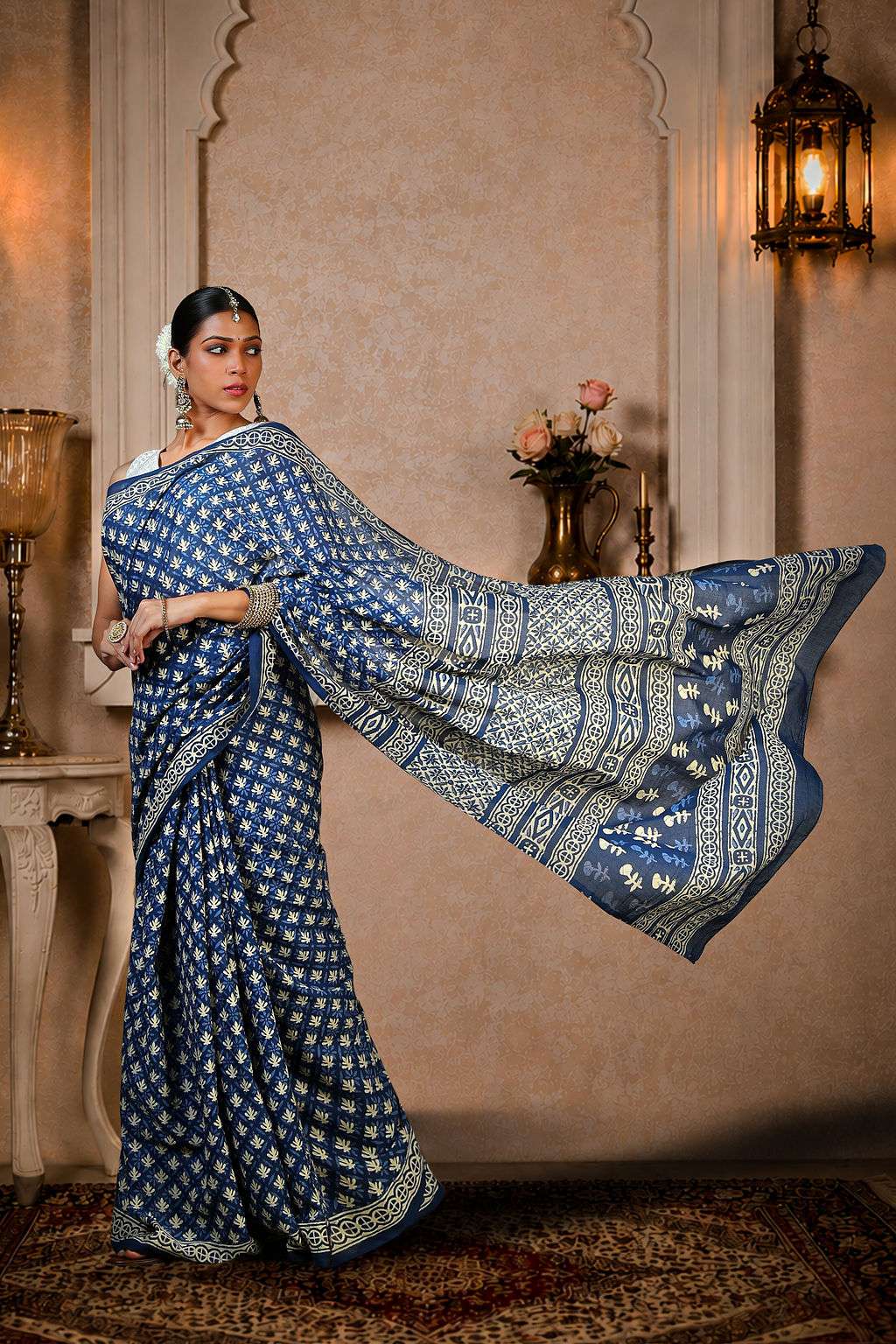 Navy Blue Ajrakh Saree, 100% Cotton