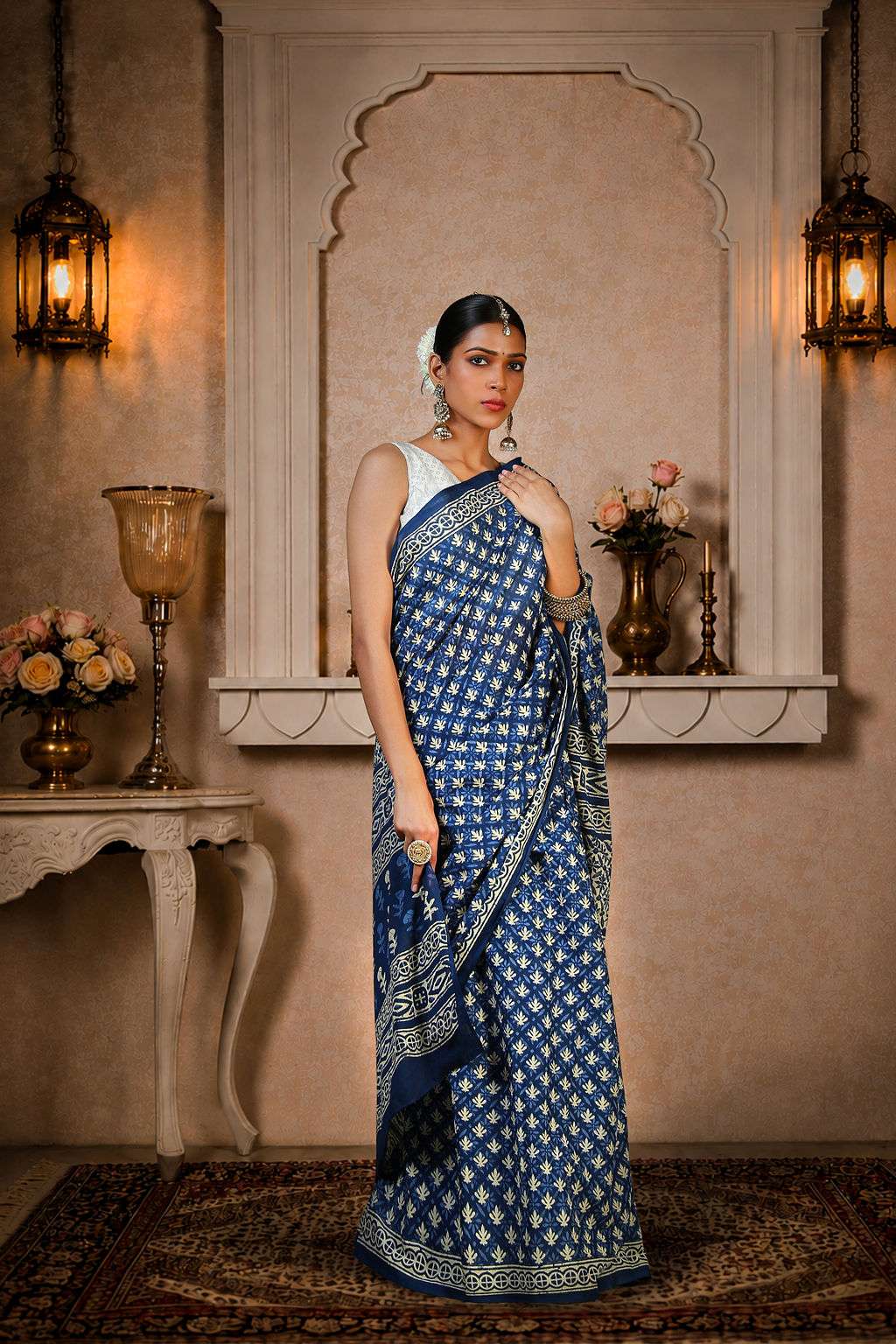 Navy Blue Ajrakh Saree, 100% Cotton