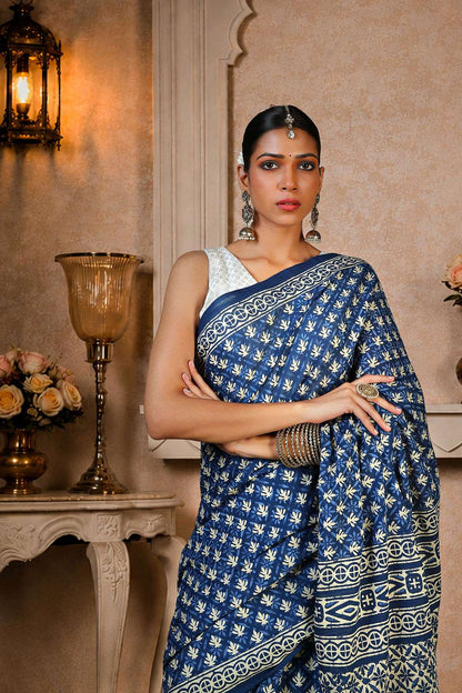 Navy Blue Ajrakh Saree, 100% Cotton