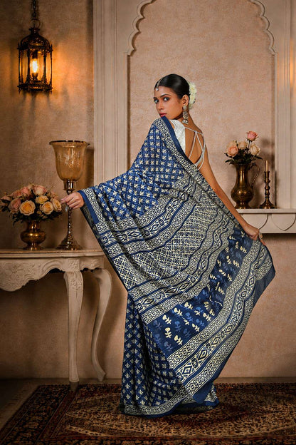 Navy Blue Ajrakh Saree, 100% Cotton