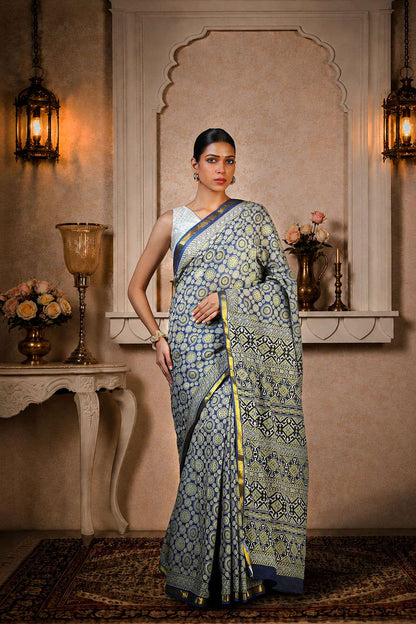 Greyish Blue Ajrakh Saree, 100% Cotton