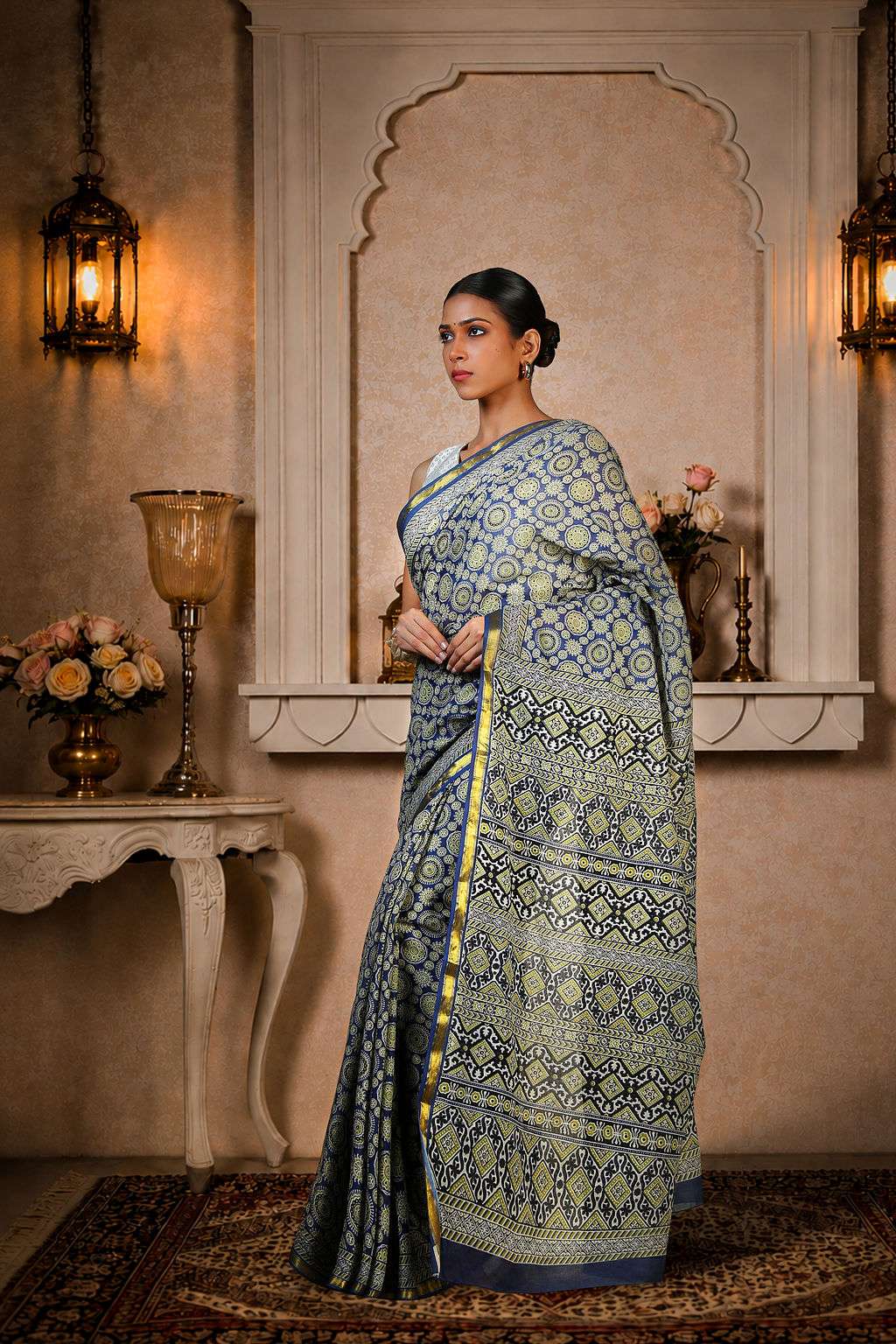 Greyish Blue Ajrakh Saree, 100% Cotton