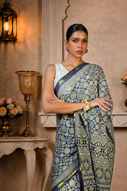 Greyish Blue Ajrakh Saree, 100% Cotton