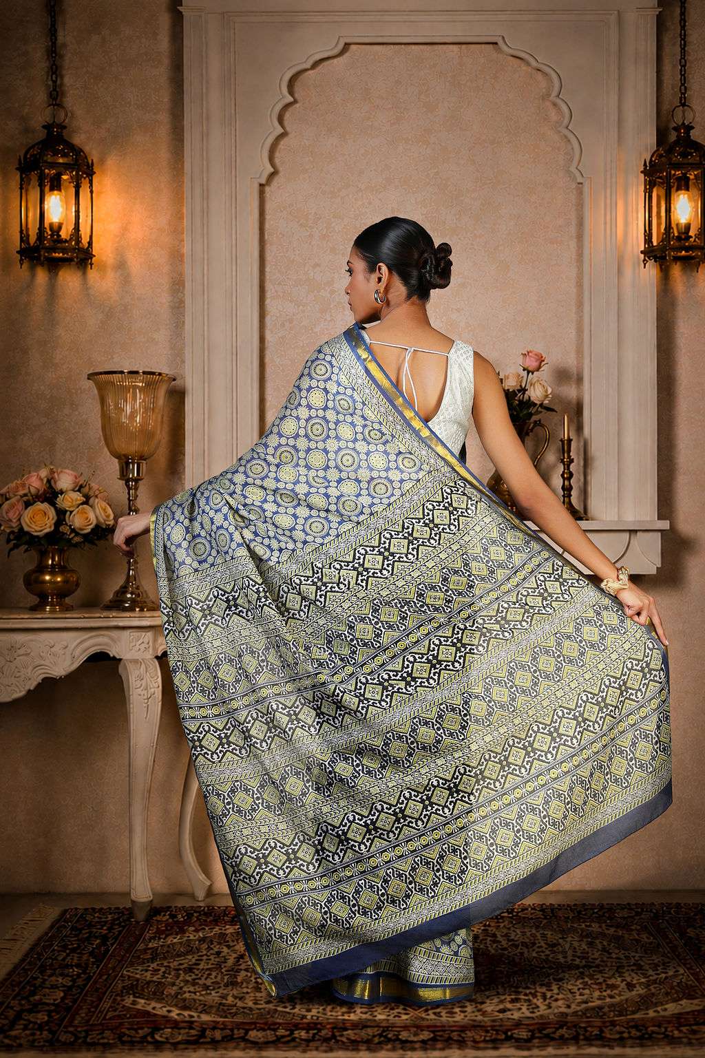 Greyish Blue Ajrakh Saree, 100% Cotton