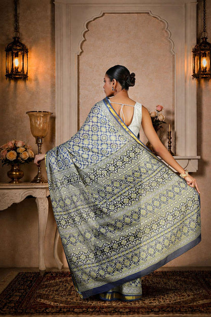 Greyish Blue Ajrakh Saree, 100% Cotton
