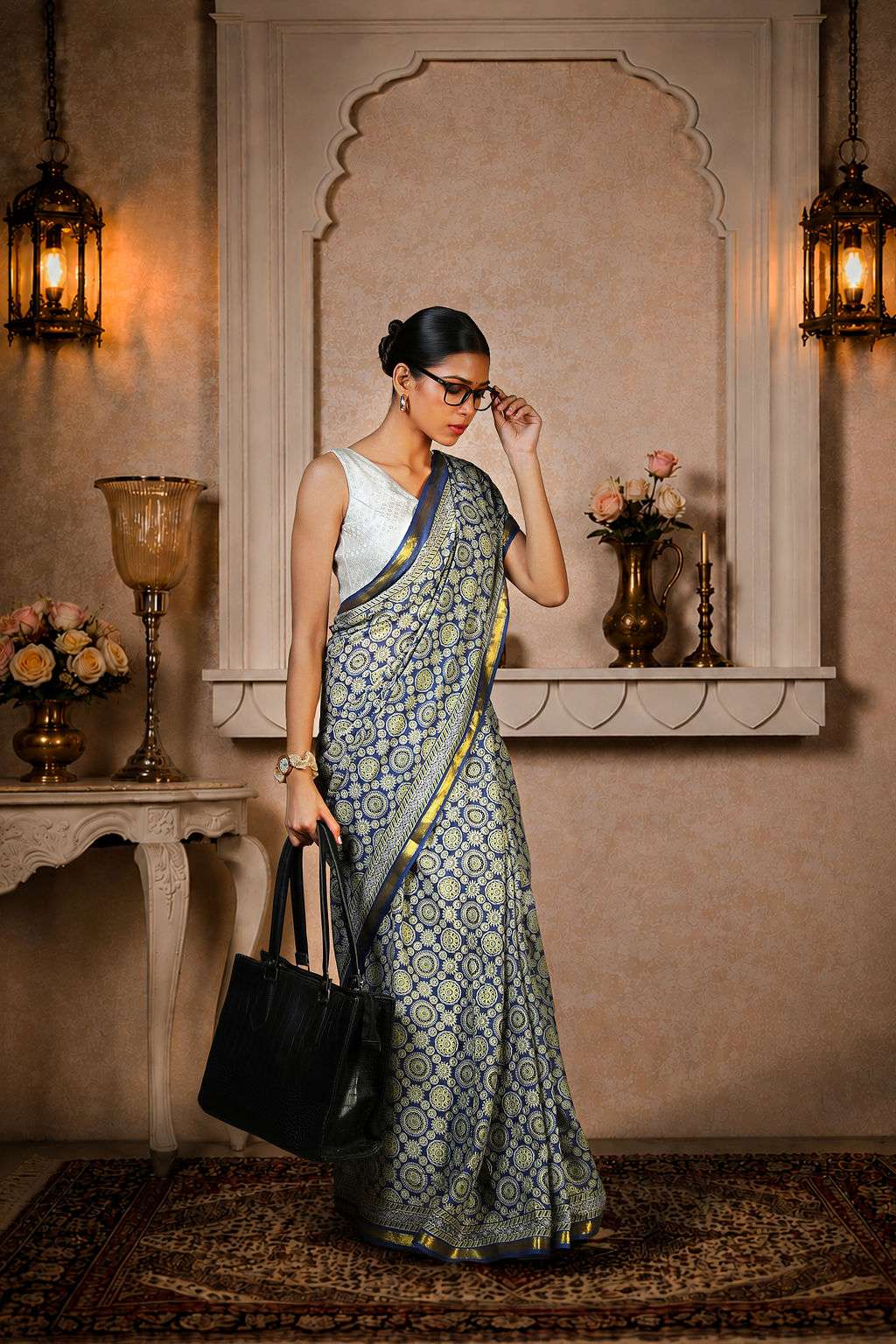 Greyish Blue Ajrakh Saree, 100% Cotton