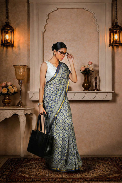 Greyish Blue Ajrakh Saree, 100% Cotton