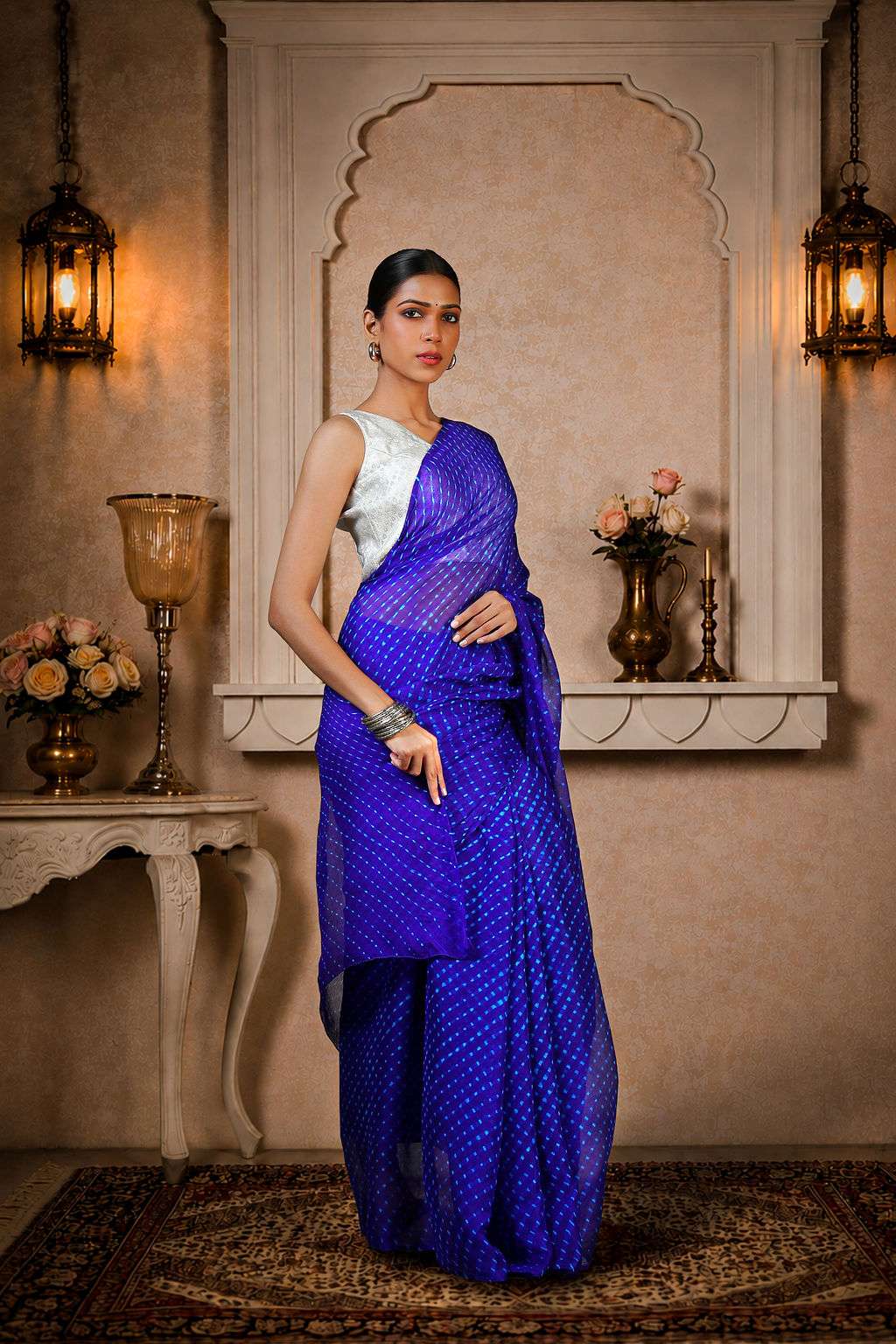 Pure Chinon fabric Lehariya Saree, Mothra Design, Double Lehariya, Color-Royal BluePure Chinon fabric Lehariya Saree, Mothra Design, Double Lehariya, Color-Royal Blue