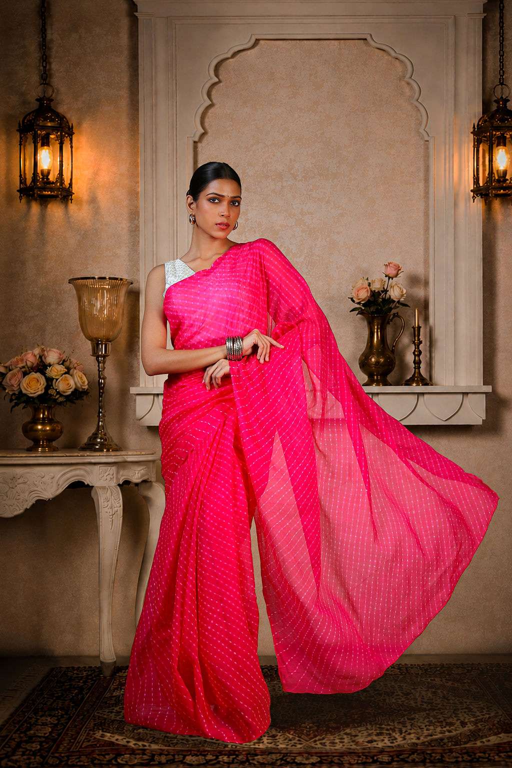 Pure Chinon fabric Lehariya Saree, Mothra Design, Double Lehariya, Color-Magenta