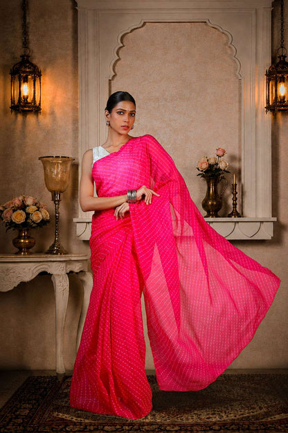 Pure Chinon fabric Lehariya Saree, Mothra Design, Double Lehariya, Color-Magenta