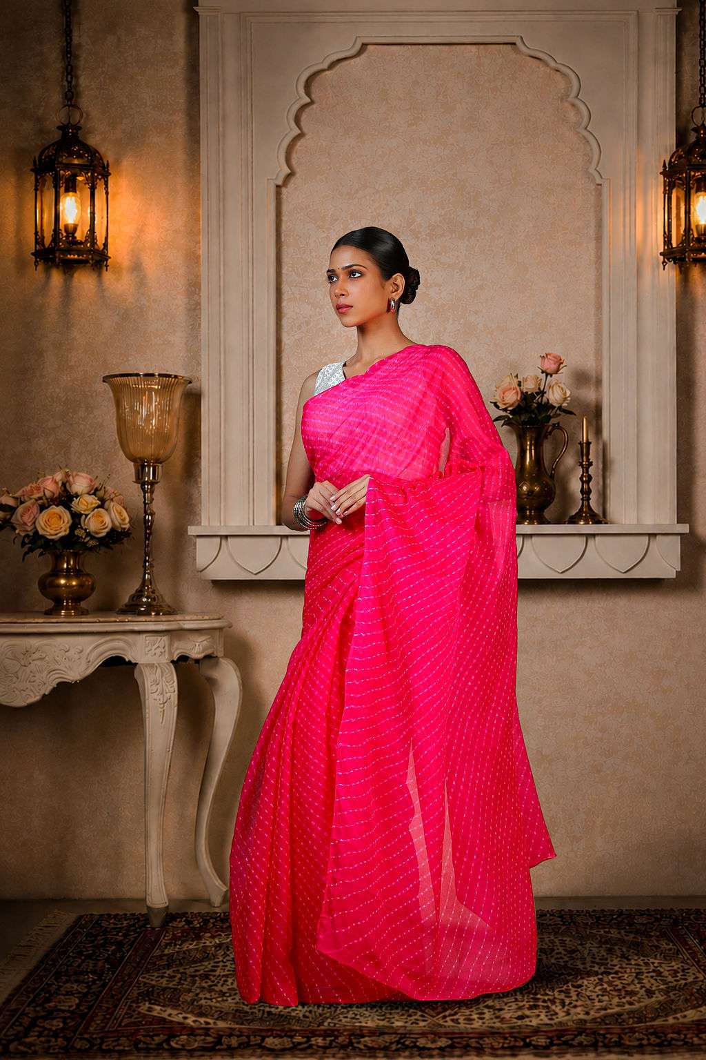 Pure Chinon fabric Lehariya Saree, Mothra Design, Double Lehariya, Color-Magenta