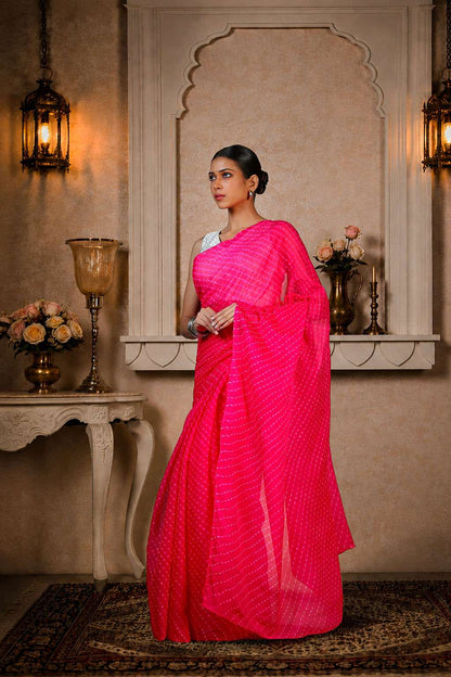 Pure Chinon fabric Lehariya Saree, Mothra Design, Double Lehariya, Color-Magenta