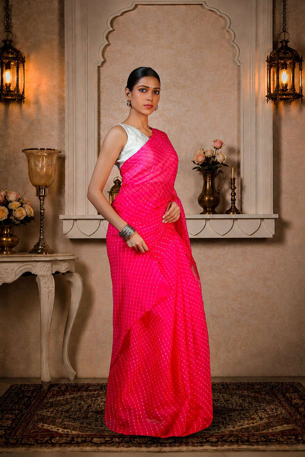 Pure Chinon fabric Lehariya Saree, Mothra Design, Double Lehariya, Color-Magenta