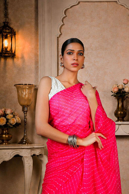 Pure Chinon fabric Lehariya Saree, Mothra Design, Double Lehariya, Color-Magenta