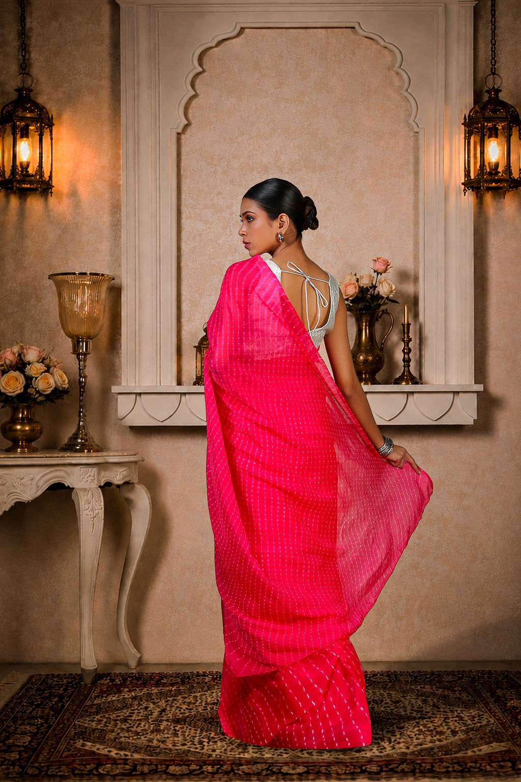 Pure Chinon fabric Lehariya Saree, Mothra Design, Double Lehariya, Color-Magenta