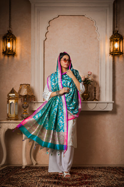 Neelkamal – 100% Pure Silk Banarasi Dupatta in Turquoise
