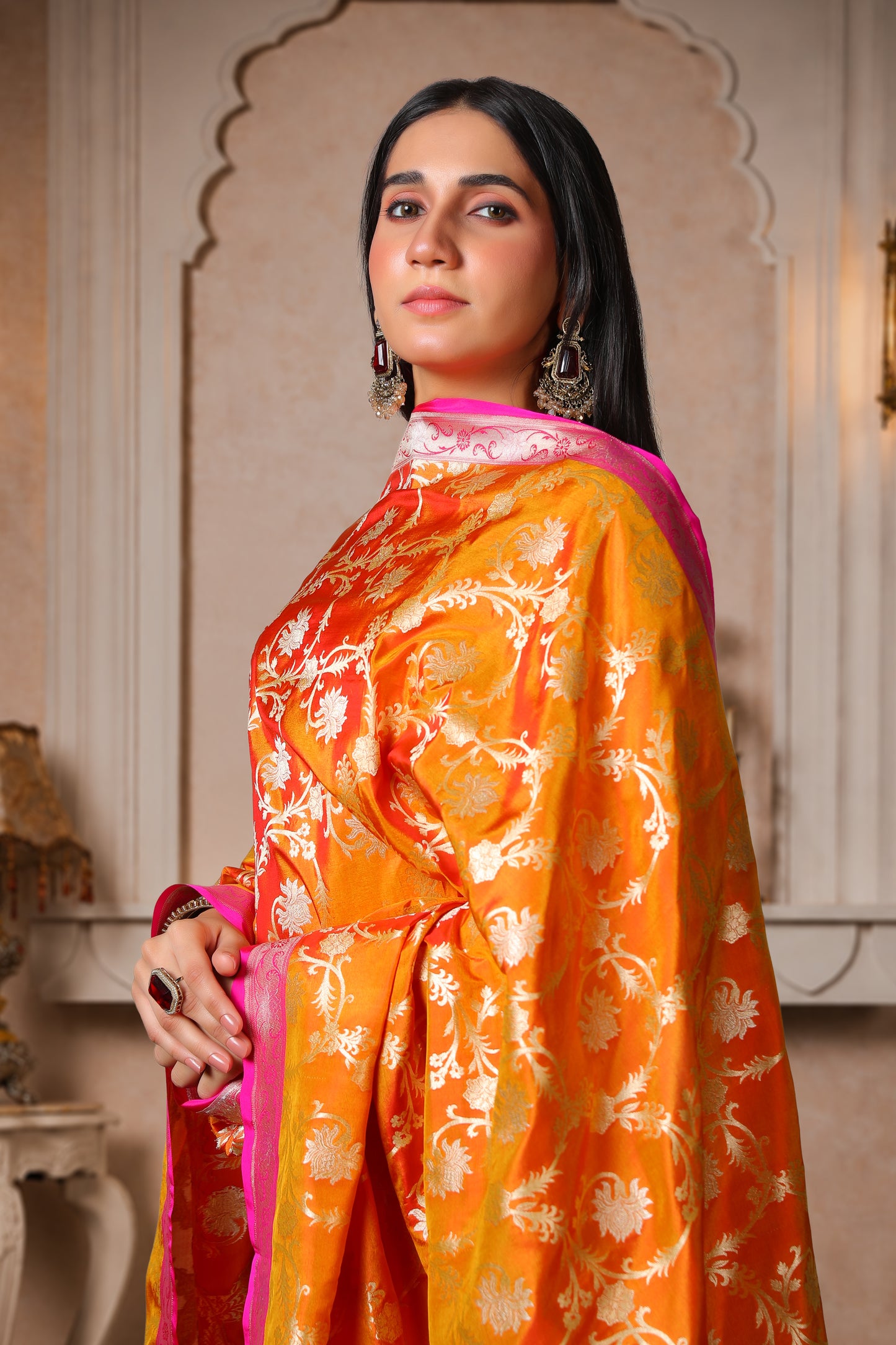 Agni – 100% Pure Silk Banarasi Dupatta in Rust Orange & Magenta