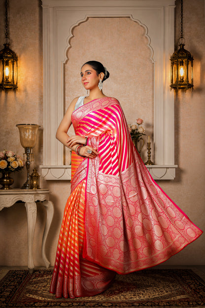 Khaddi Silk Georgette Lehariya Banarasi Saree – Peach & Pink