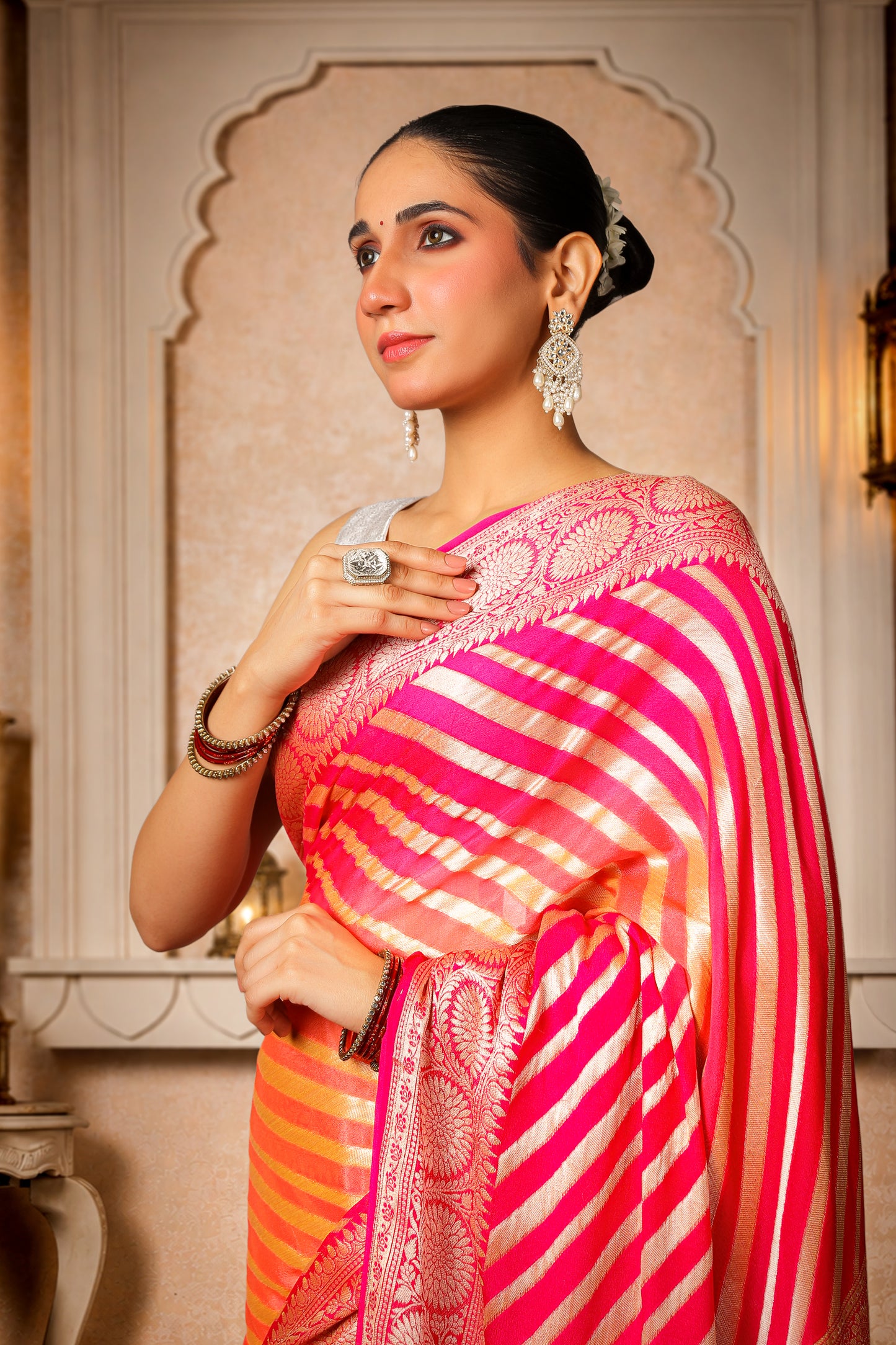 Khaddi Silk Georgette Lehariya Banarasi Saree – Peach & Pink