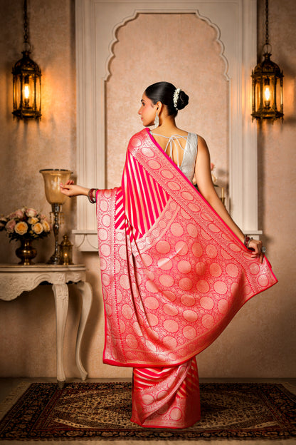 Khaddi Silk Georgette Lehariya Banarasi Saree – Peach & Pink
