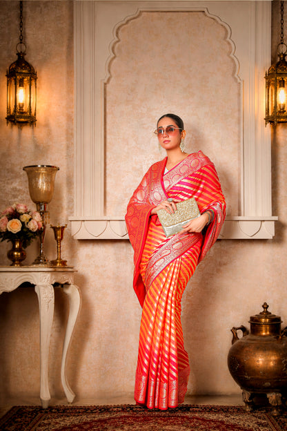 Khaddi Silk Georgette Lehariya Banarasi Saree – Peach & Pink