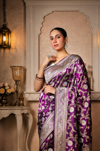 Pure Silk Banarasi Saree – Violet with Gold & Silver Booti